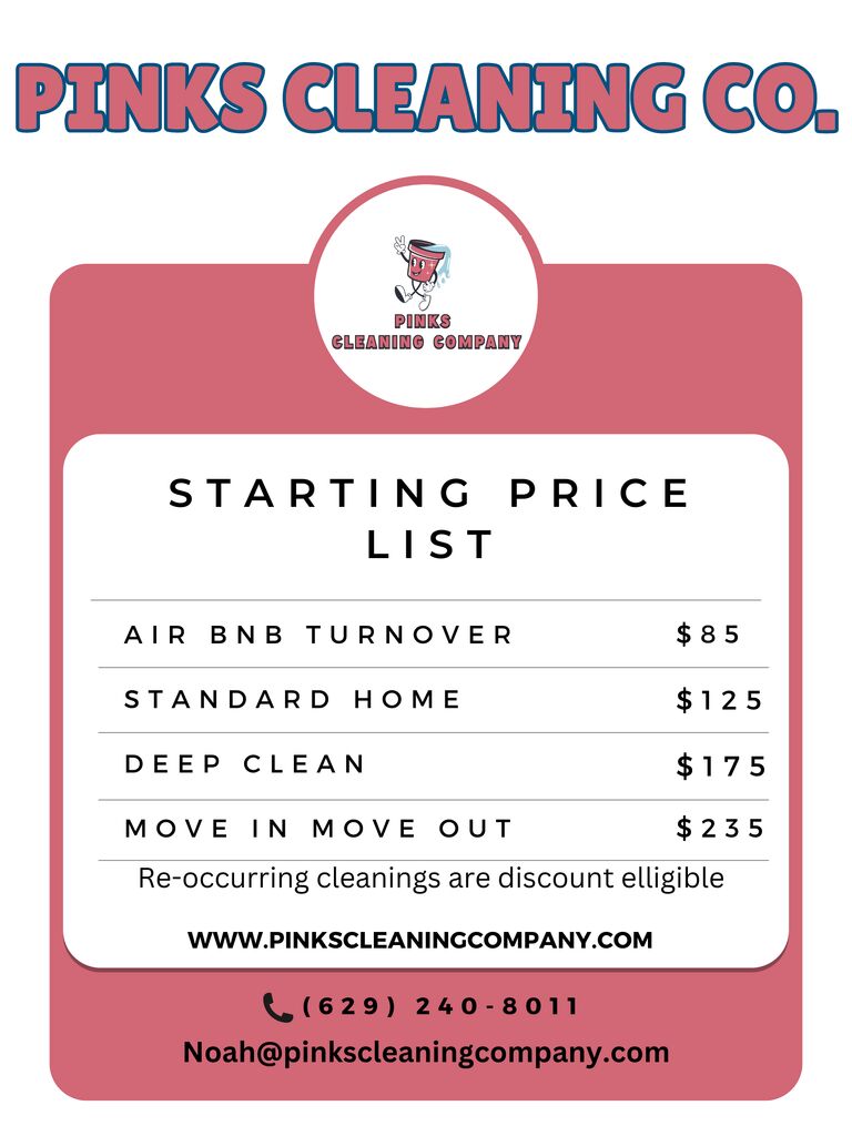 Pinks Cleaning Company starting price list
